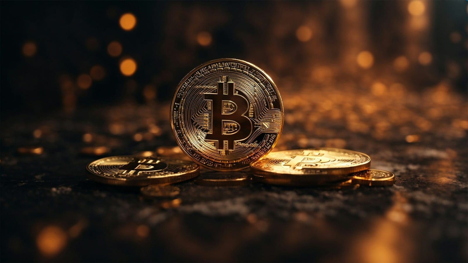 小さなビットコインのコインがまわりに散らばった金色のビットコイン