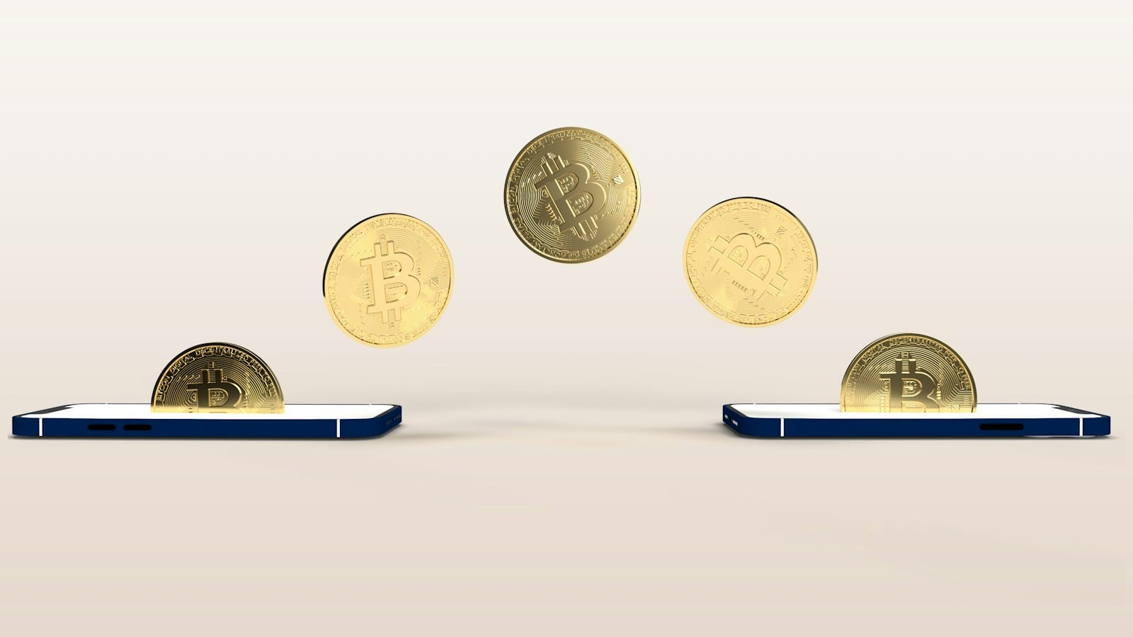 2台のスマートフォンのあいだをビットコインのコインが行き来している